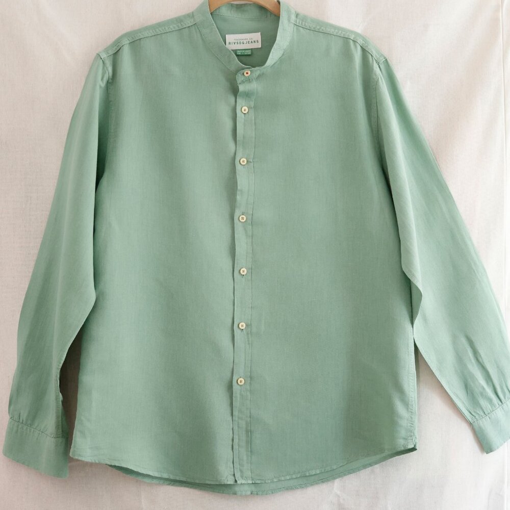 Mens Long Sleeve Green Cotton Linen Button Up Shirt Mandarin Collar Size Large
